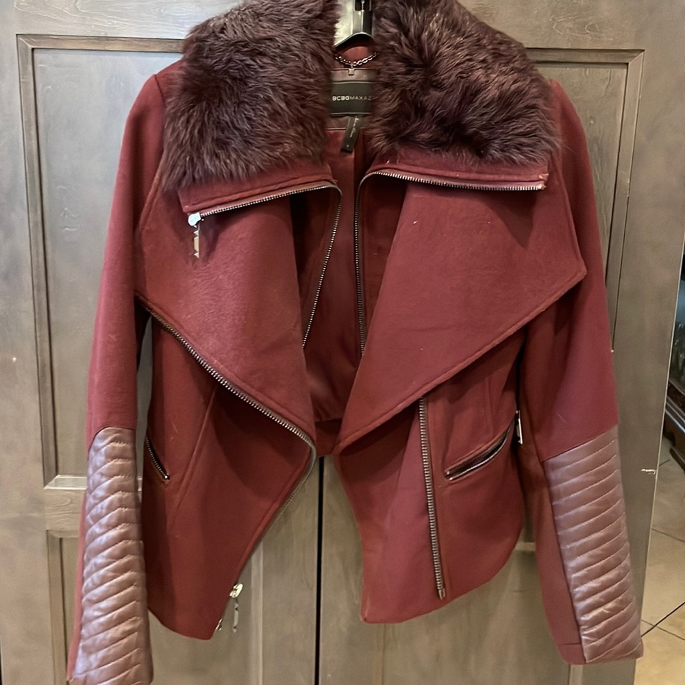 Bcbg Burgundy Wool Fur Neck Trim Coat Jacket Sz S